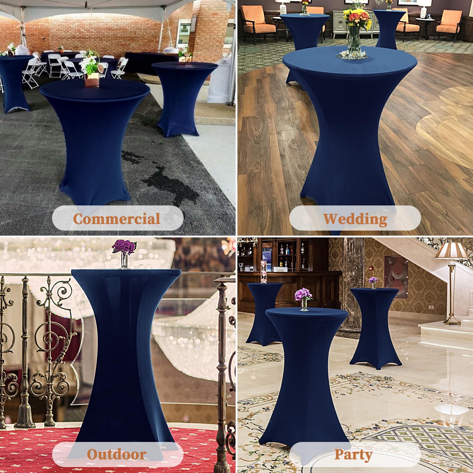 Showgeous Lot de 4 Housse pour Table Haute de Bistrot Ø 80-85 cm,Nappe Cocktail Ronde Blanc, Housse de Table de Cocktail Extensible en Spandex pour Table de Banquet de Cocktail de Mariage(Bleu Marine)