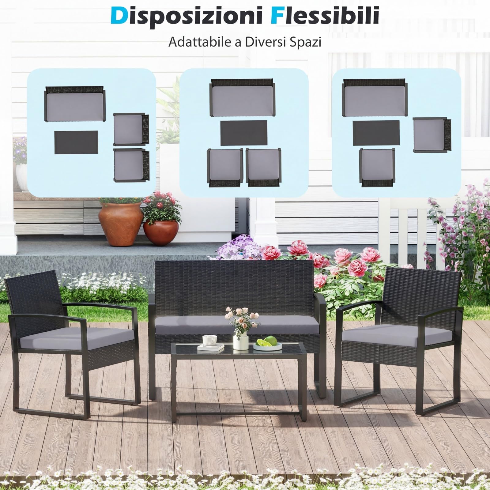 COSTWAY Set Salotto da Giardino a 4 Pezzi, Divanetto in Rattan con 2 Poltrone Ergonomiche e Tavolino con Piano in Vetro Temperato, Set Mobili da Esterno con Cuscini per Balcone e Patio (Grigio)