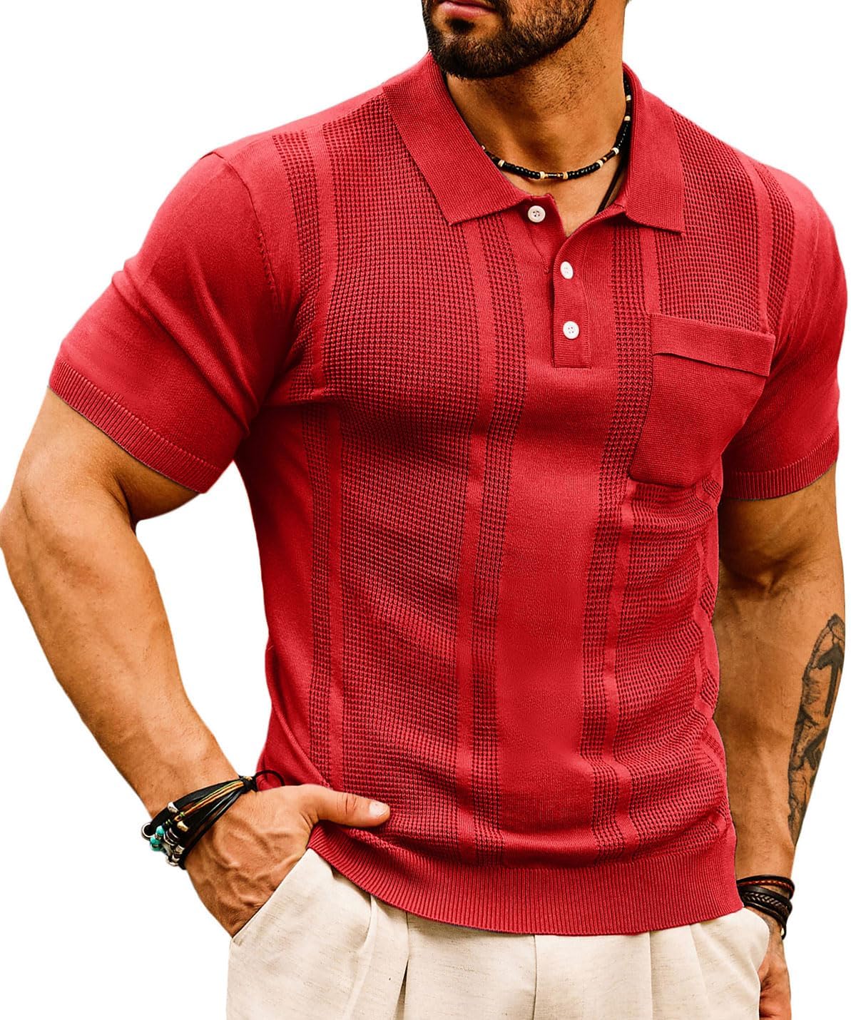 GRACE KARIN Mens Knit Polo Shirts Short Sleeve Knitted Texture Lightweight Waffle Golf Shirts Sweater