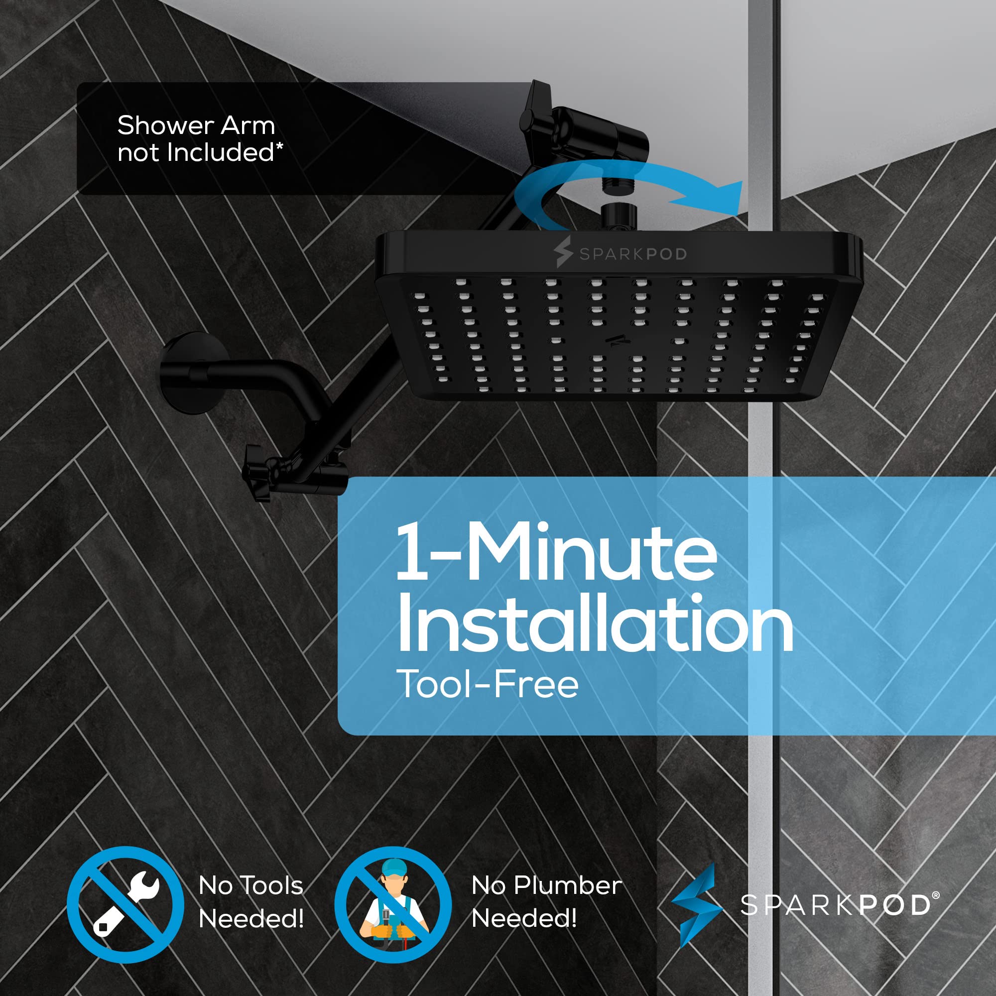 SparkPod Soffione doccia fisso, pioggia ad alta pressione, look moderno di lusso, facile installazione senza attrezzi, ricambio perfetto per il soffione doccia del bagno (quadrato 20 cm, nero