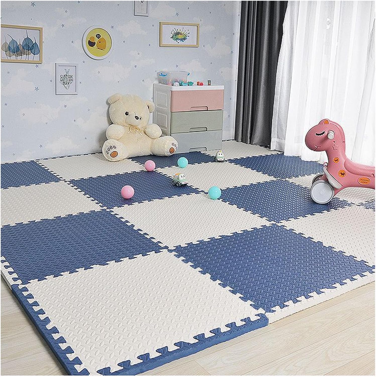 JvFbjLF 10 Pcs 30cm/60cm Foam Floor Tiles Square Interlocking Floor Mat DIY Puzzle Play Mat(Navy Blue+White,12x12inch)