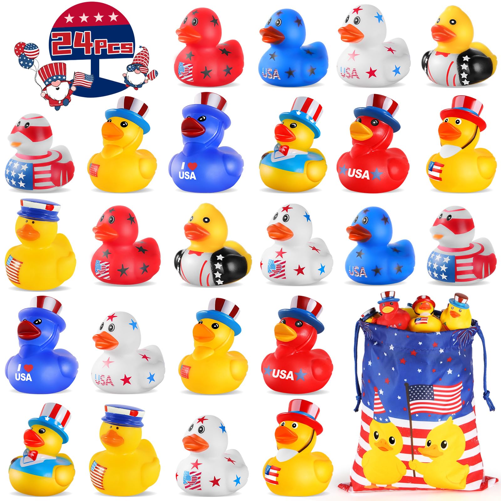 SCIONE Patriotic Rubber Ducks - 24 Pcs Independence Day Novelty Funny Squeeze Baby Shower Bathtub Ducks for Fourth of July Party Supplies