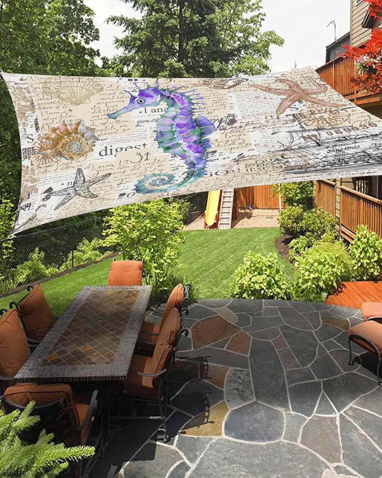 Blue Purple Seahorse Sun Sail Shades Rectangle Canopy,Sunlight Block Heavy Duty Curved Backyard Shade Cover,Waterproof Sun Shades for Patios Outdoor,6.5'x10' Nautical Boat Coastal Starfish Shell