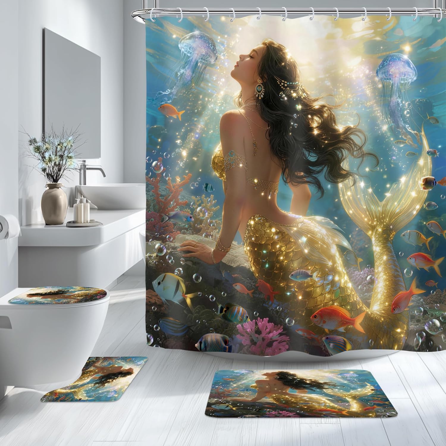 Riyidecor Mermaid 4Pcs Bathroom Shower Curtain Sets Beautiful Girls Kids Ocean Bathroom Decor Set with Rugs and Accessories Sunshine Jellyfish Toilet Lid Rug, Contour and Bath Mat with 12 Hooks