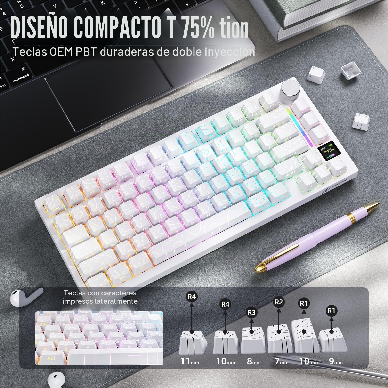 MAMBASNAKE Attack Shark X820 Ultra Teclado Mecánico Gaming con TFT Pantalla y Perilla, QWERTY 75% Gasket Hot-Swap, Inalámbrico 2.4G/BT/USB-C, LIGHTSYNC RGB Chroma, Coiled Cable - Shark Switch/Blanco