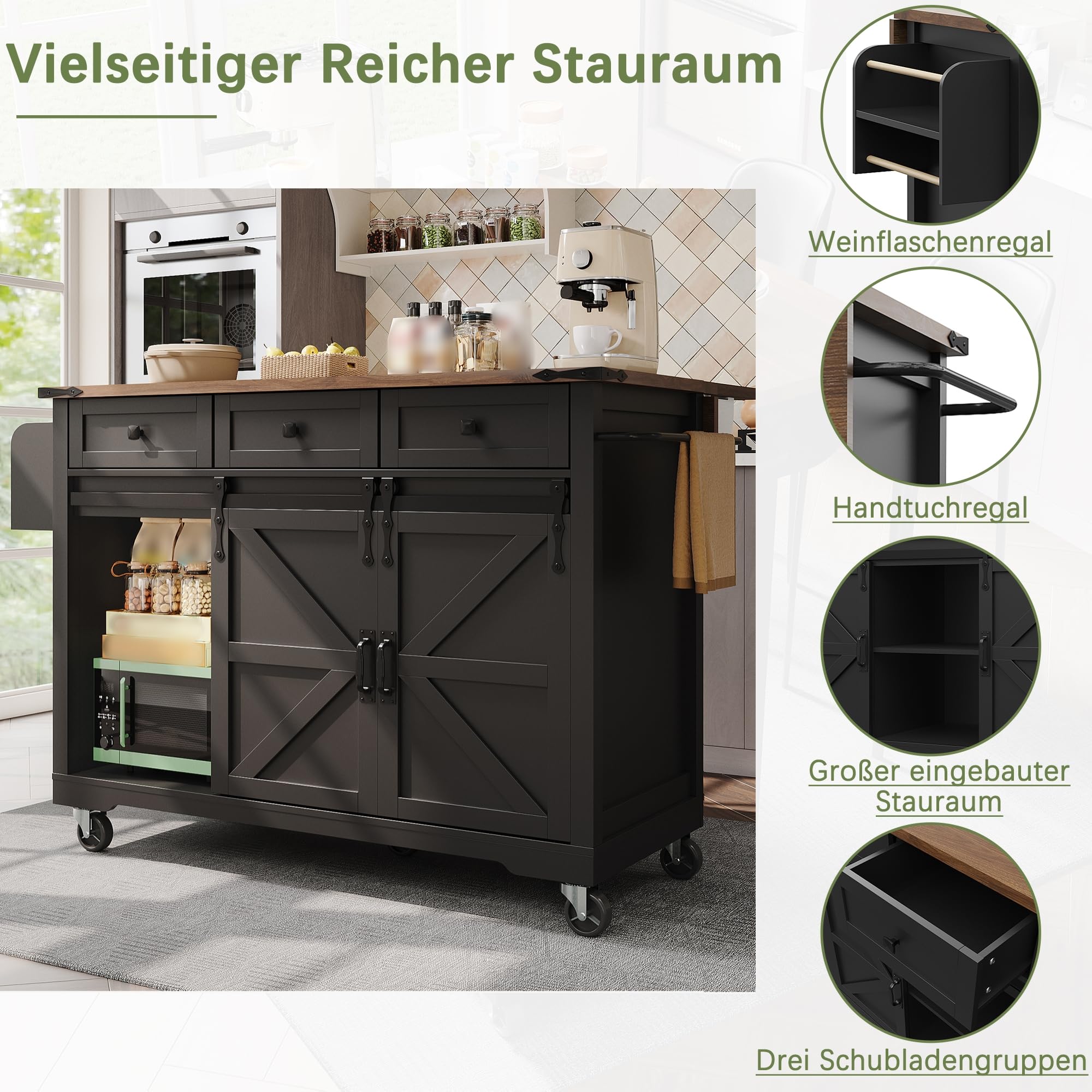 Wyspa kuchenna, 140x45x94cm, wózek do serwowania z wysuwaną deskami roboczą, mobilny wózek kuchenny na kółkach, szafka kuchenna z 2 drzwiczkami przesuwnymi i 3 szufladami (czarny, 140x45x94cm)