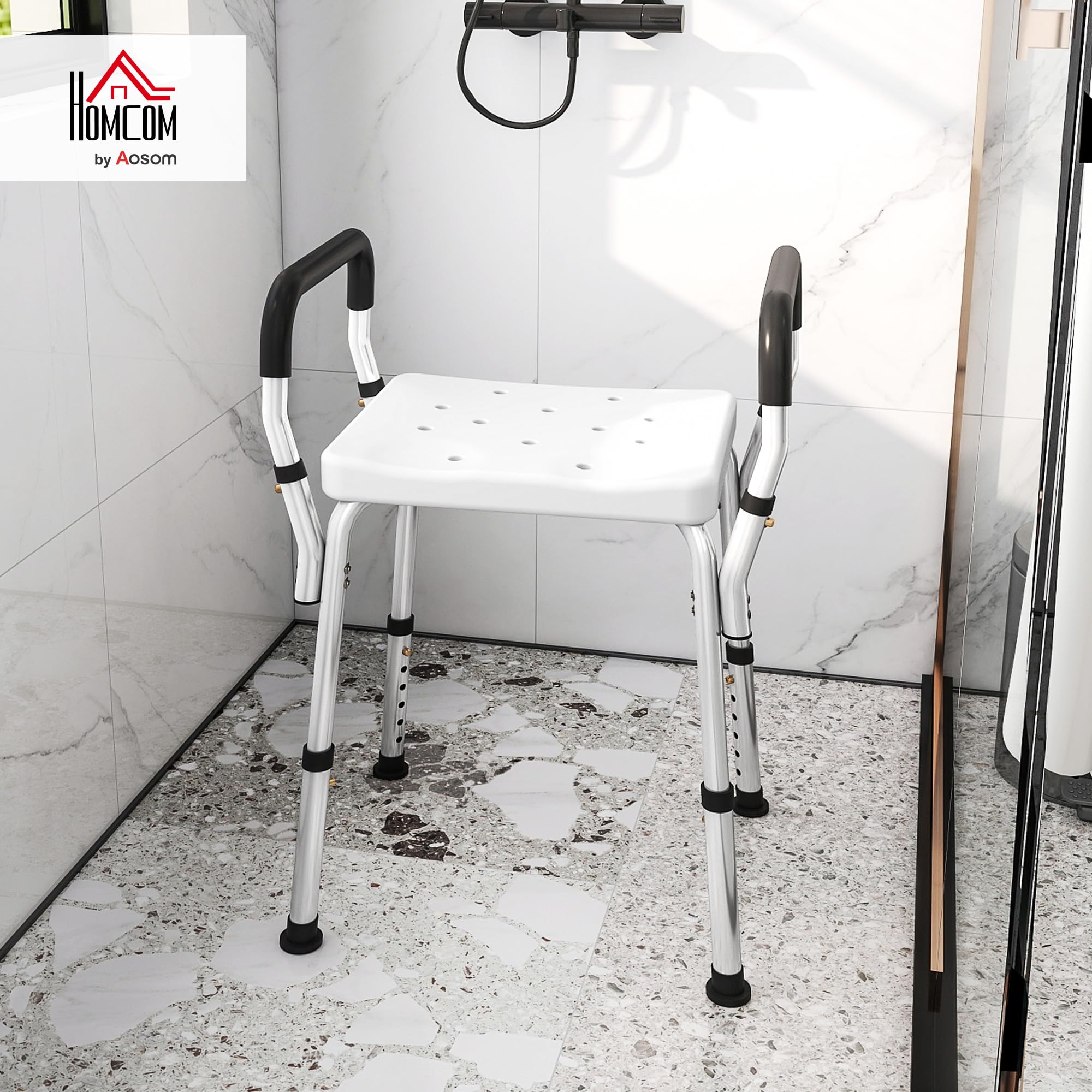 HOMCOM Taburete de ducha Silla de ducha para personas mayores y discapacitadas con reposabrazos, altura ajustable, patines antideslizantes, silla de baño de aluminio antioxidante, color blanco