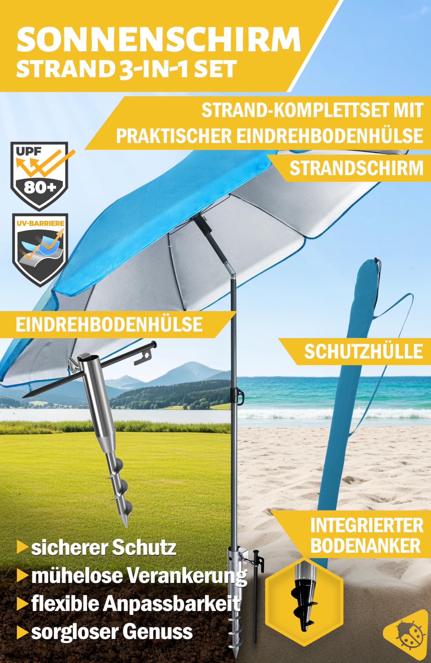 Menz Sonnenschirm Strand mit UV80 Sonnenschutz Strand – Strandschirm Windfest Stabil Ø 180 cm 3er Set, Einschraubhülse Bodenhülse & Schirmhülle, Blau, für Strand, Garten & Camping