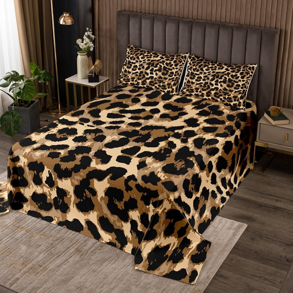 Erosebridal Leopard Print Bedspread Twin Size Black Brown Leopard Print Coverlet Set, Man Cheetah Leopard Animal Bedding Set, African Wildlife Safari Animal Theme Bedding Collection for Boys