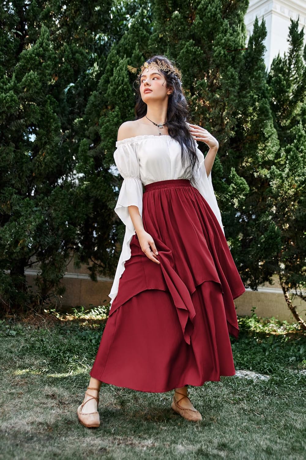 SCARLET DARKNESS Women’s Renaissance Maxi Skirt Elastic High Waist Double Layered Swing Skirt Vintage Pirate Tiered Skirts with Pockets 5 81n1GAh+9yL. AC SL1500