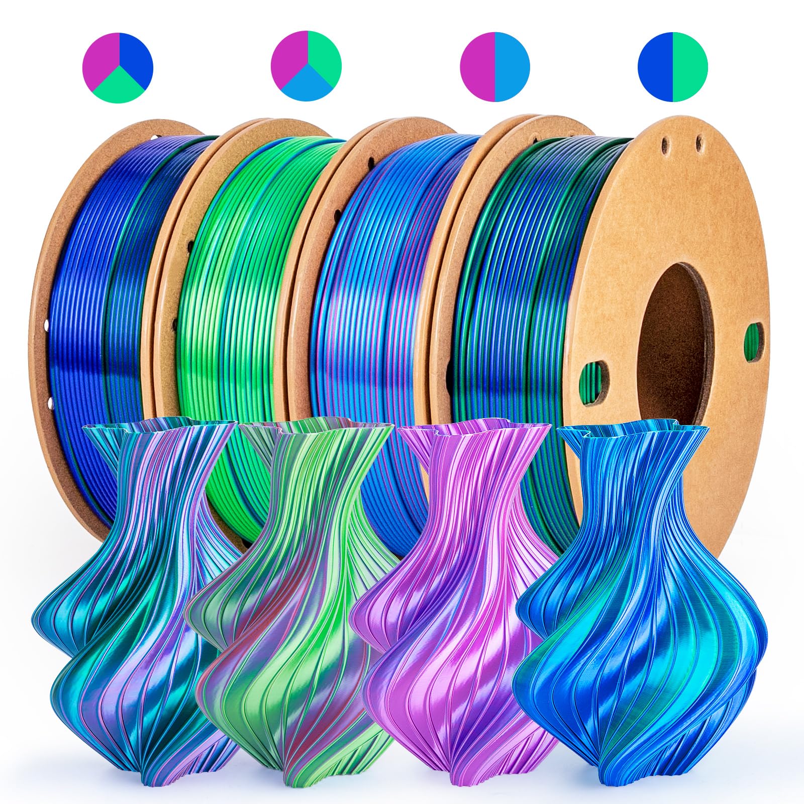 dikale Silk PLA+ Pro 1.75mm 3D Printer Filament - 4 Spool Multi-Color Bundle (250gx4) with Rose Red/Sky Blue/Green/Dark Blue- Tri-Color & Dual-Color