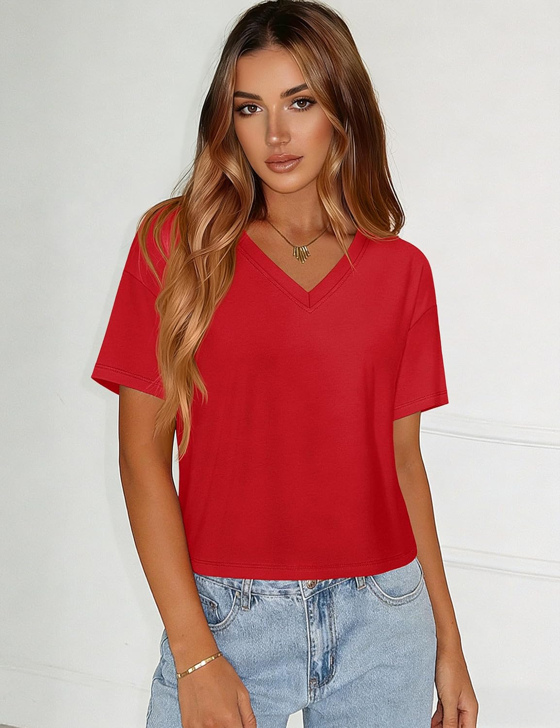 YUCOLEN Cropped T Shirts for Women Short Sleeve V Neck Cotton Basic Tees Soft Loose Fit UPF 50+ Crop Tops for Summer - Image 2