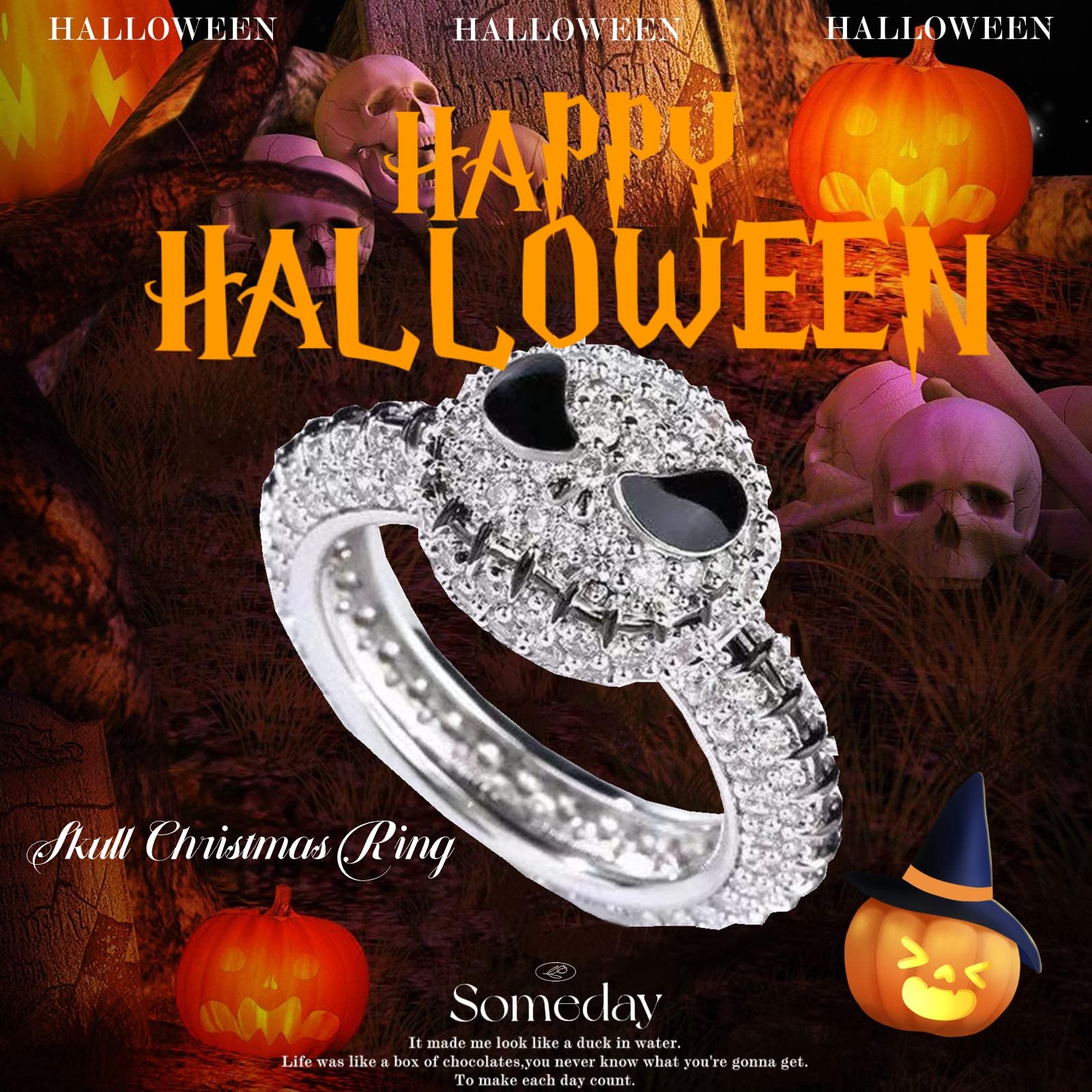 GAUEIOUR Anillo de Navidad de calavera, lindo anillo de Navidad de Halloween, con diseño de calavera de diamante de aceite de goteo, anillo creativo de moda, calabaza y calavera, Medium, Plata