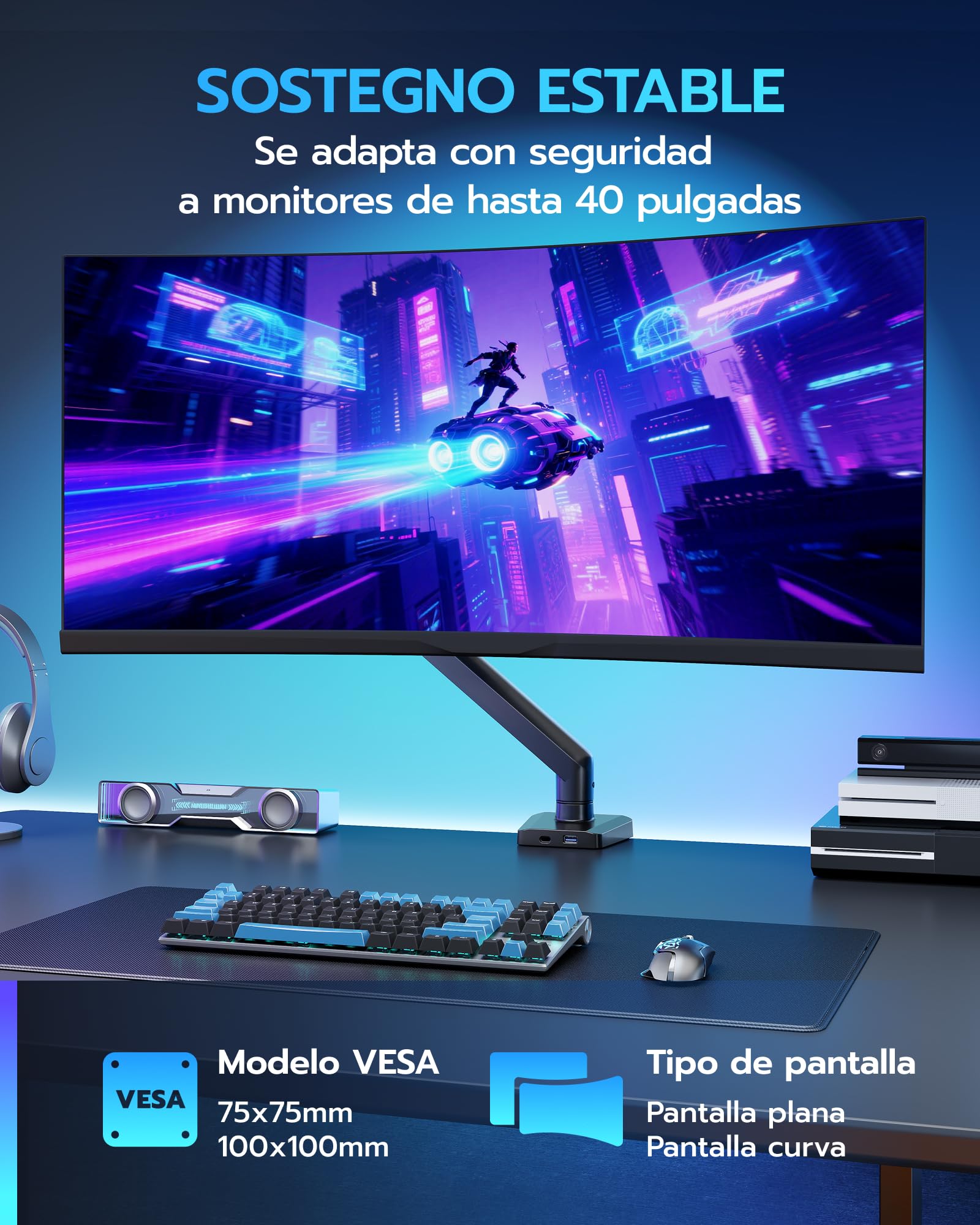 ARES WING Soporte de Monitor Ajustable para Pantallas de 17"-40" | USB A/C INTEGRADO, Brazo ajustable, carga máx, de 12 kg y VESA 75/100 mm, compatible con pantallas planas y curvas