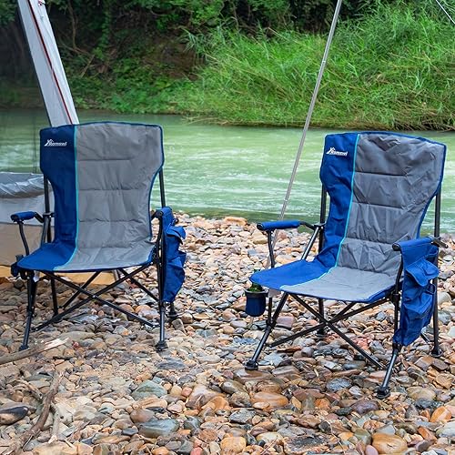 Miniatura 2 de Romswi Paquete de 2 sillas de campamento de gran tamaño, capacidad resistente de 500 libras, sillas plegables con reposabrazos duros, portavasos y