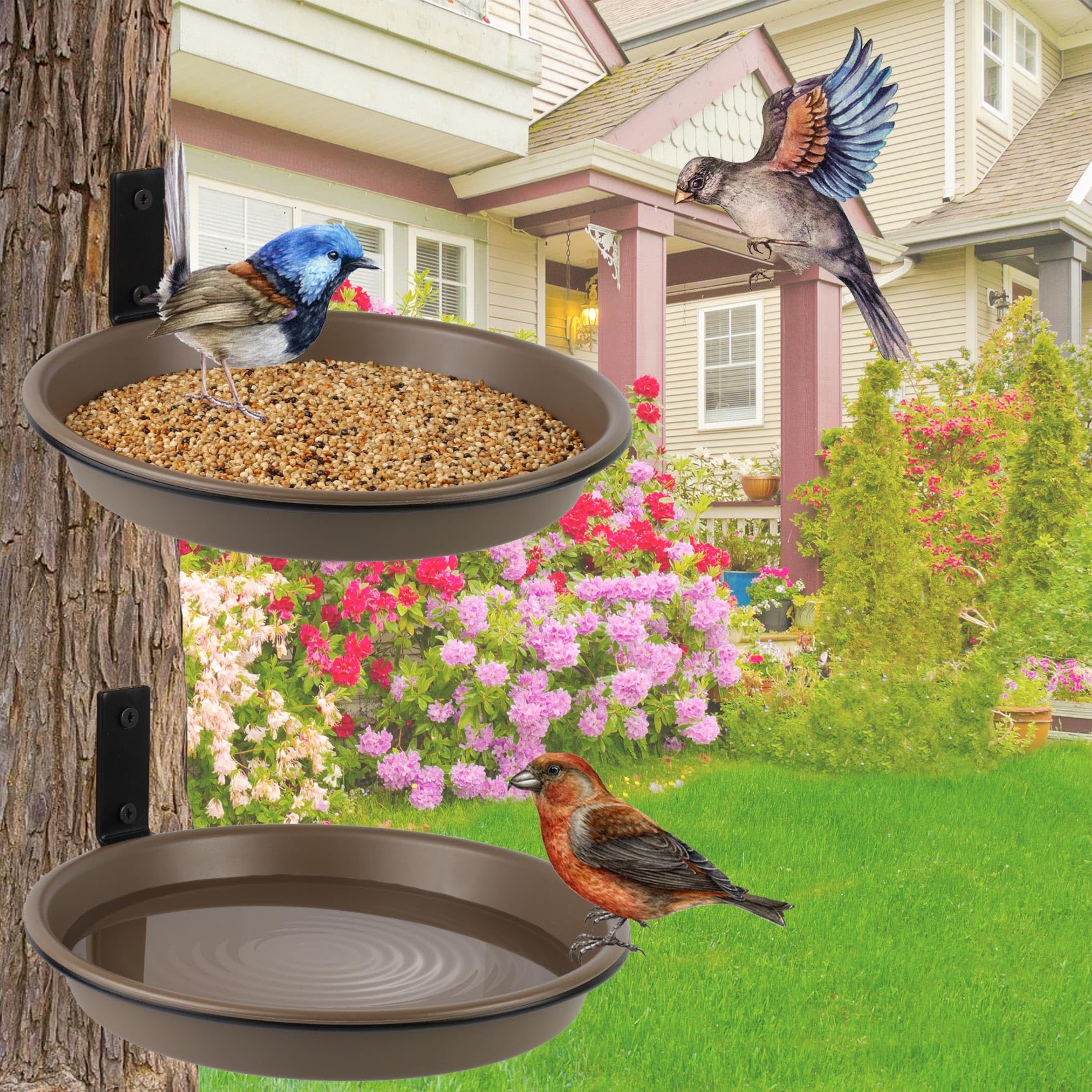 Paquete de 2 bandejas de baño para comedero de pájaros para exteriores, 8.4 pulgadas, estación de alimentación de agua para pájaros, para mascotas, ardillas, uñas en madera, cuenco de baño salvaje con