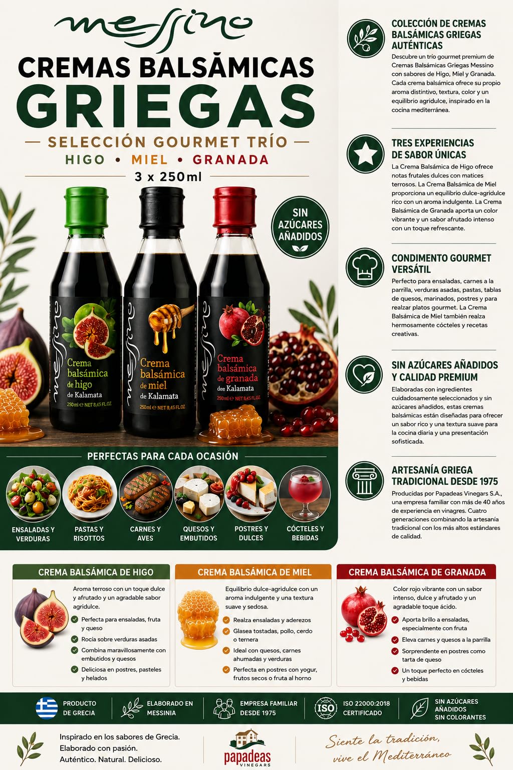 Messino Mezcla Gourmet de Cremas Balsámicas Griegas | Higos, Miel y Granada | Paquete de 3 x 250 ml (Total 750 ml) | Sin Azúcares Añadidos | Elaboración Tradicional