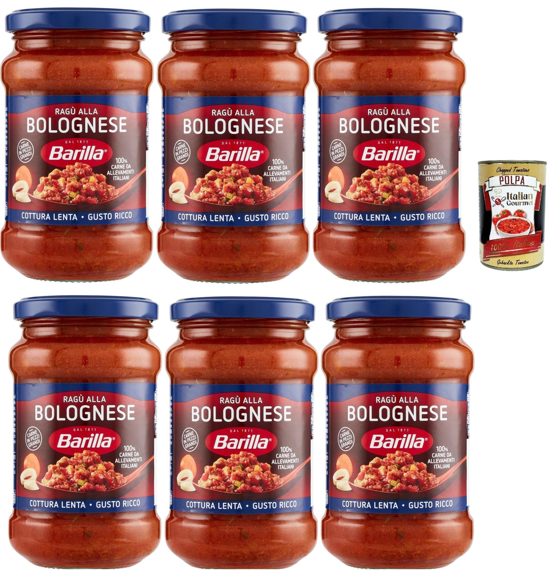 Italian Gourmet bundle für Barilla Ragù alla Bolognese 6x 300g Pastasauce mit Rindfleisch, italienische Tomatensauce für Pasta & Aufläufe + Italian Gourmet polpa