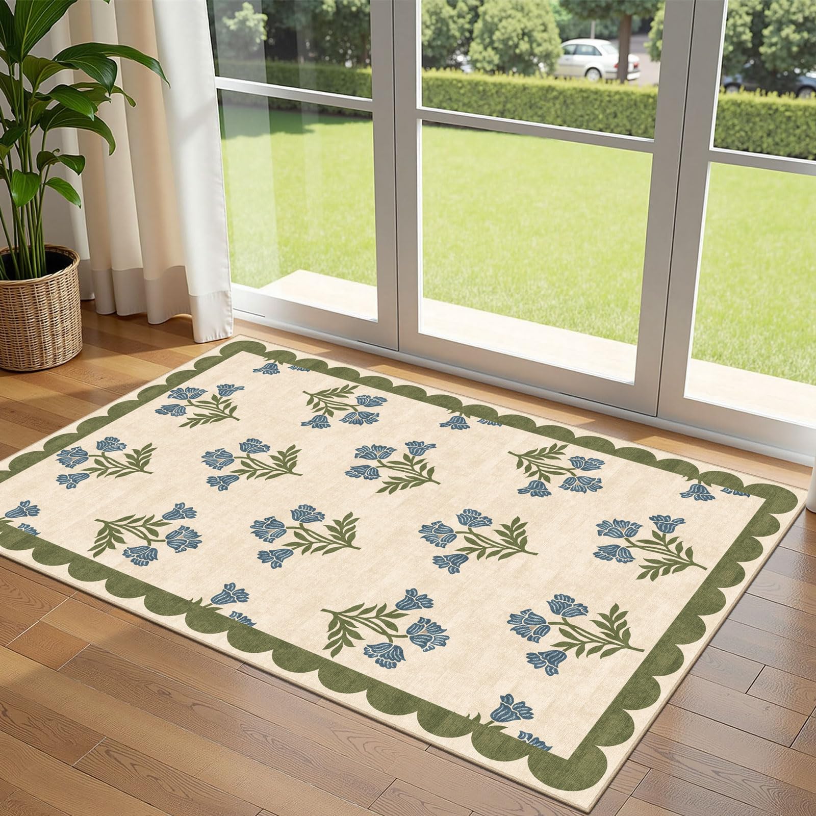 Othilic 3x5 Floral Entry Rug - Small Washable Indoor Outdoor Mats for Front Door Non-Slip Porch Rug Sage Blue Boho Retro Throw Rugs for Living Room Bedroom Entryway Kitchen Office Porch Decor
