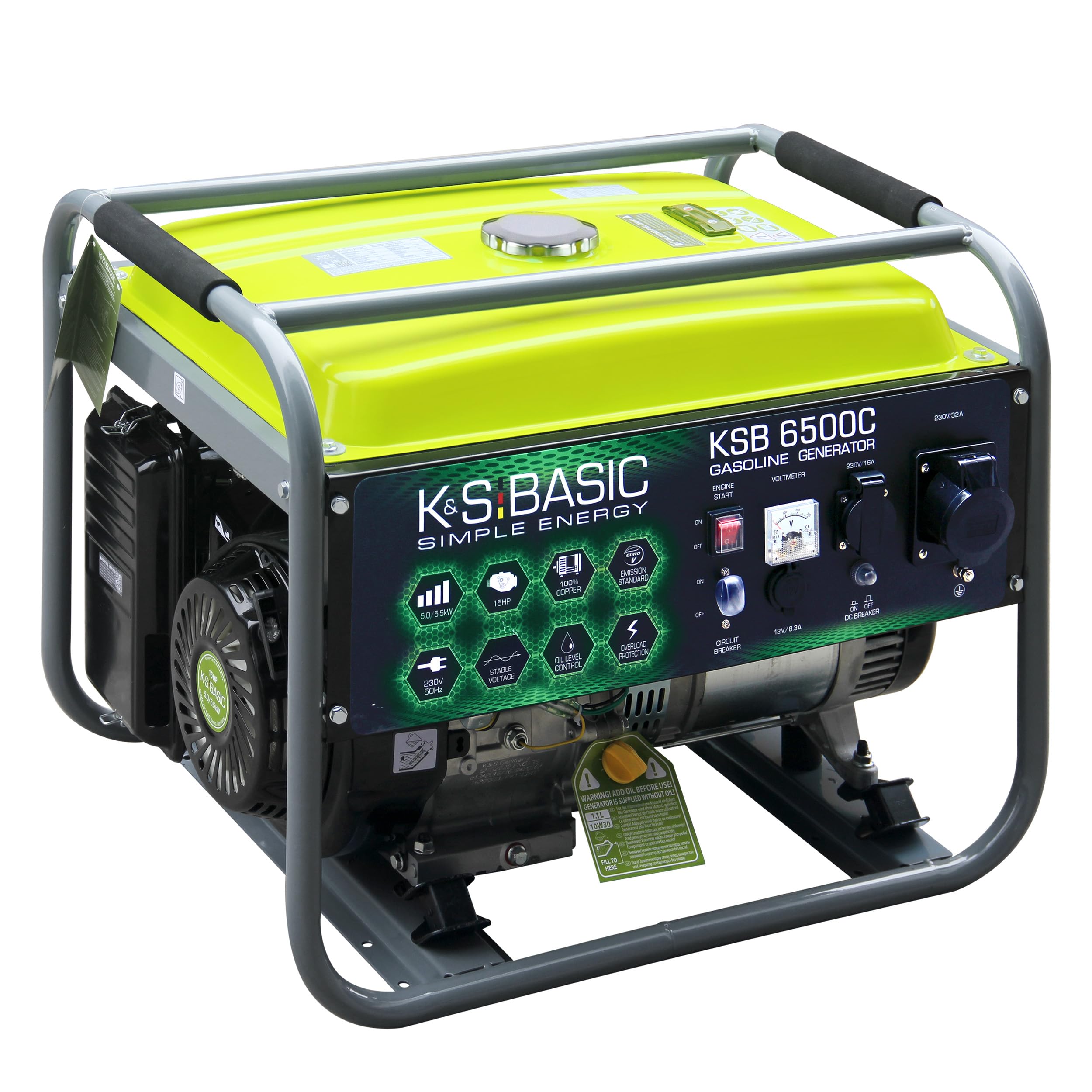 Generador de gasolina K&S Basic KSB 6500C, Höchstleistung 5500 W, generador con automatischer Spannungsregler (AVR), Ausgangsspannung 12V, stromerzeuger mit Kurzschlussschutz