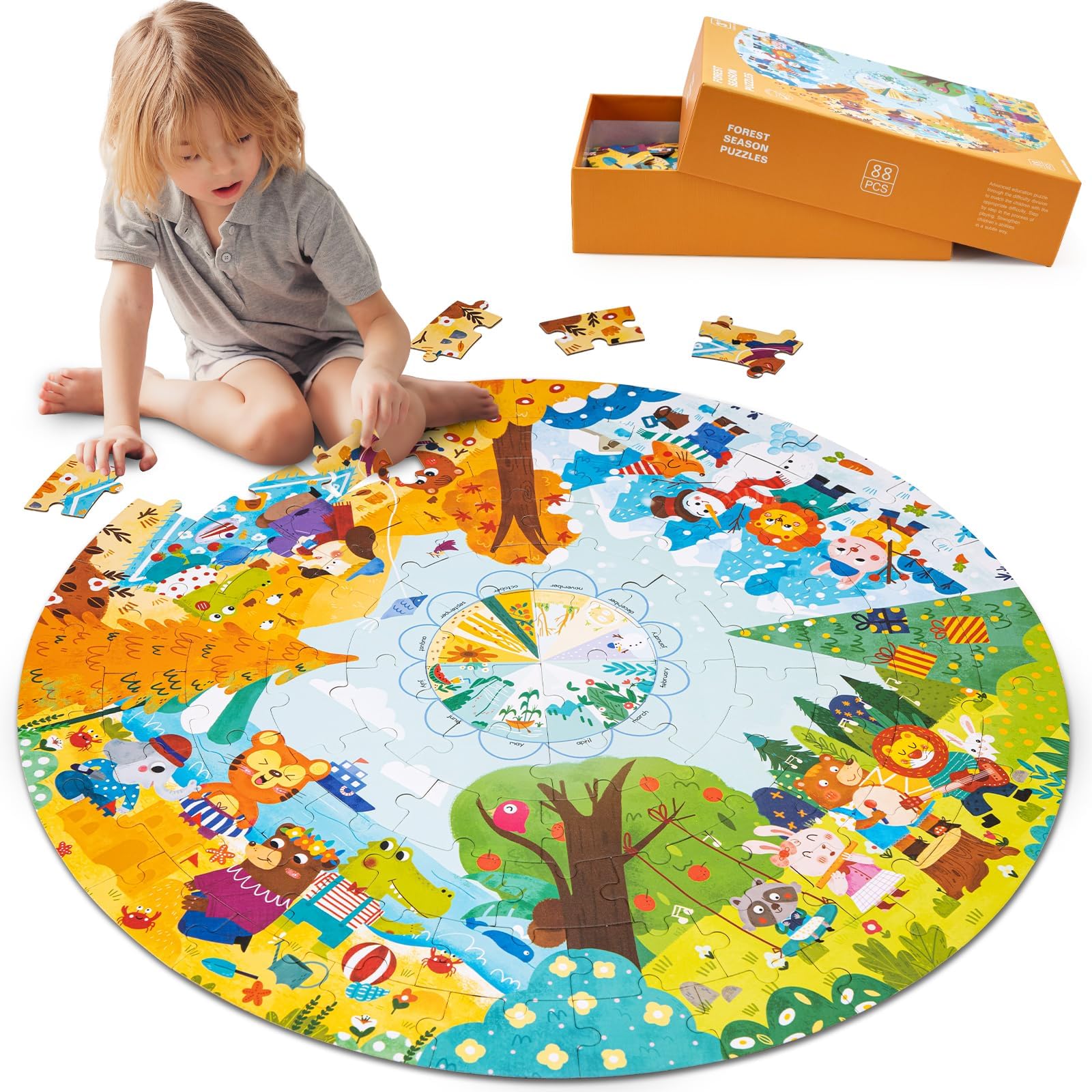 Funsland Kinderpuzzle ab 3 4 5, Saisonale Waldtiere, 88 Teile, Rund 3-7 Jährige Kinder Puzzle Spielzeug, Puzzle für Jungen und Mädchen 8-10 Jahren Geburtstagsgeschenk