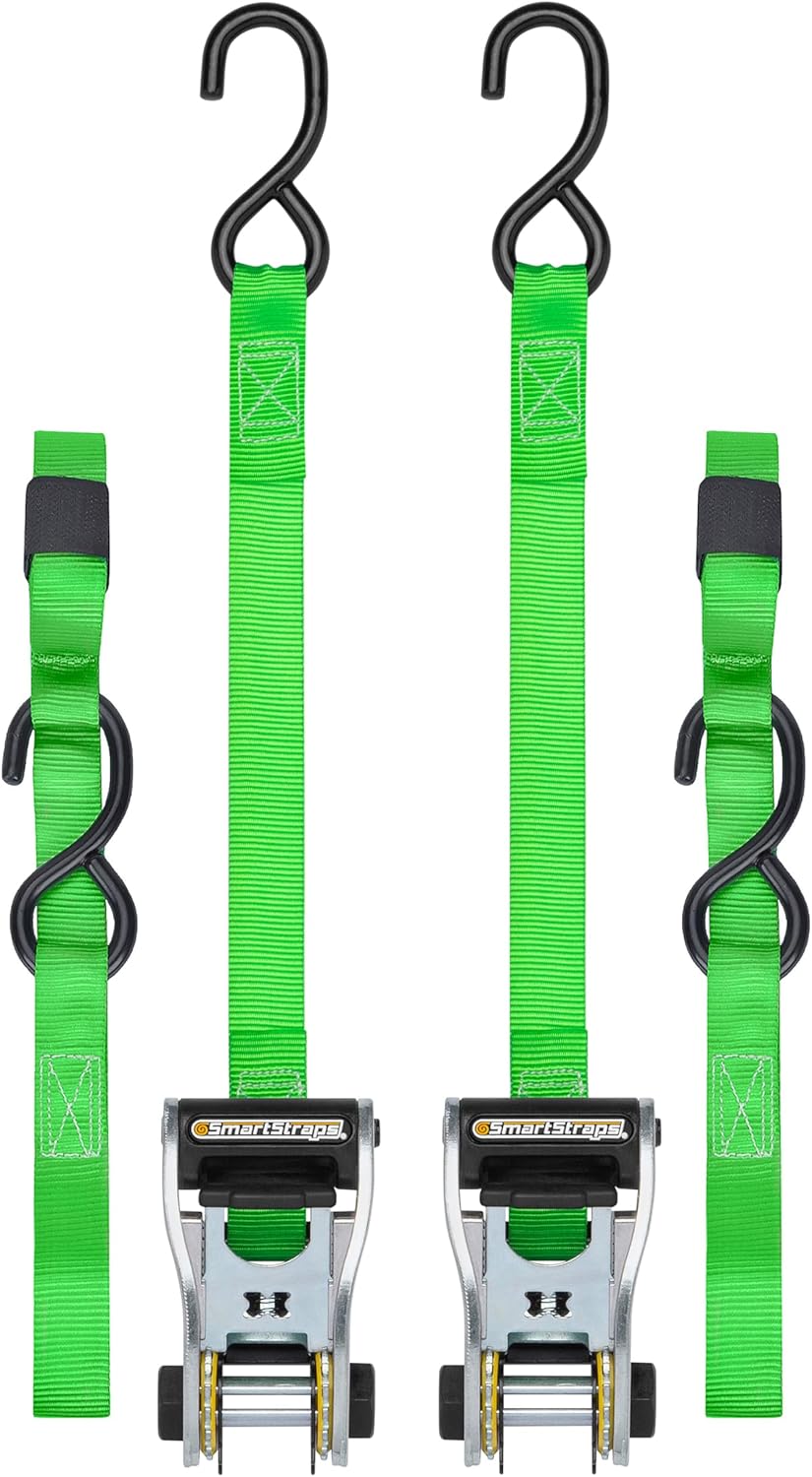 SMARTSTRAPS 10-Foot Ratchet Straps, Green (2pk) – 1,500 lbs Break Strength 500 lbs Safe Work Load Tie-Downs Designed for Light-Duty Transport Safely Haul Your Light Equipment Dirt Bikes ATVs and More 2 pack 2 Pack