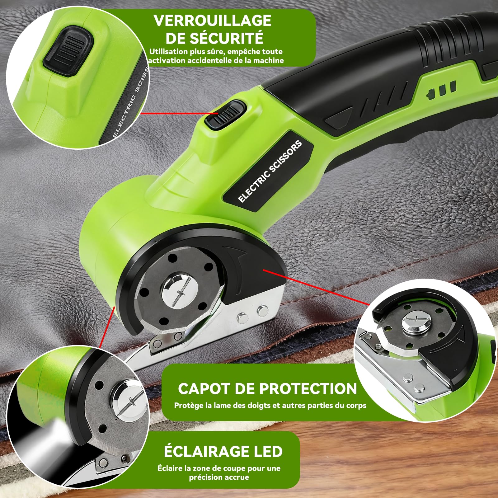 Ciseaux Electrique Tissu Couture, 4,2 V Ciseaux Électriques Sans Fil universelle Avec batterie de 2000 mAh et 2 lames pour papier, carton, tapis, cuir, feutre