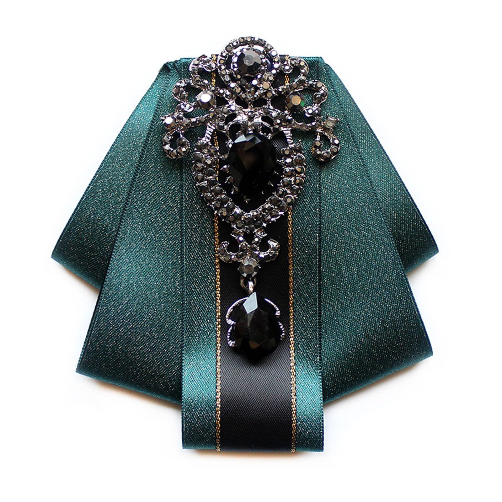 Cqeaz Men's Malachite Green Wo Silk Ribbon Bow Tie Cravat Vintage Crystal Rhinestones Necktie Wedding Bowtie Brooch Pin Pretied Necktie