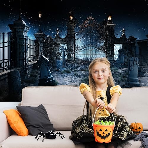 Miniatura 7 de Telón de fondo de cementerio de Halloween de 7 x 5 pies, escena nocturna espeluznante, diseño de lápidas de cementerio espeluznante, fondo para