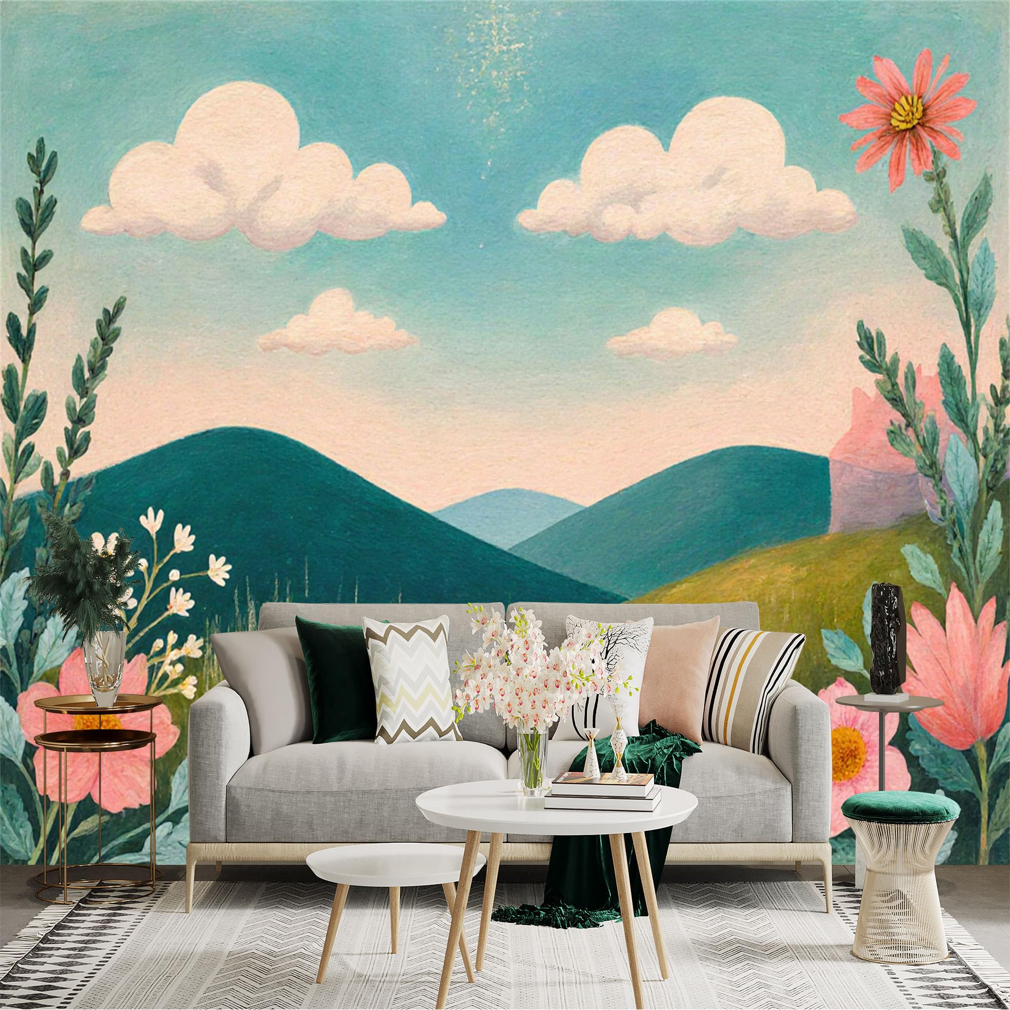 Custom Size Wall Sticker Mural， Pink Floral Landscape with Rolling Hills， Blue Sky and Fluffy Clouds， Aesthetic Botanical Nature Scene， for wall Decoration， peelandstick wall Decals.