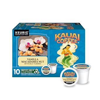 Kauai Coffee K-Cup Pods for Keurig Brewers Arabica Coffee, 10% Hawaiian Medium Roast, Vanilla Beans with Toasted Macabamia Nuts Vanilla Macadamia Nut, 1 Pack of 10 Single Serve K-Cups