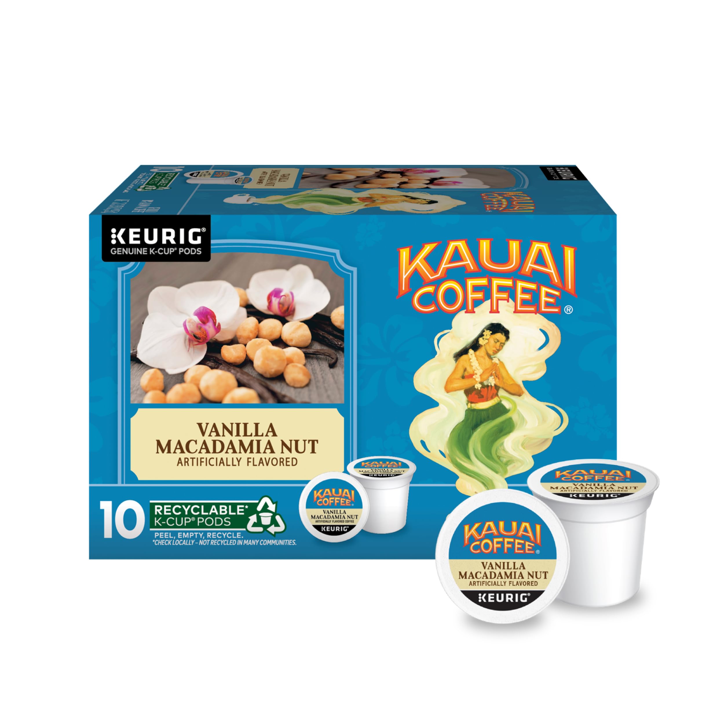 Kauai Coffee K-Cup Pods - Vainilla Macadamia Nut, 10 cápsulas K-Cup | Tostado medio, café arábica, 10 % hawaiano, para cafeteras Keurig, porción única, granos de vainilla con nueces de macadamia