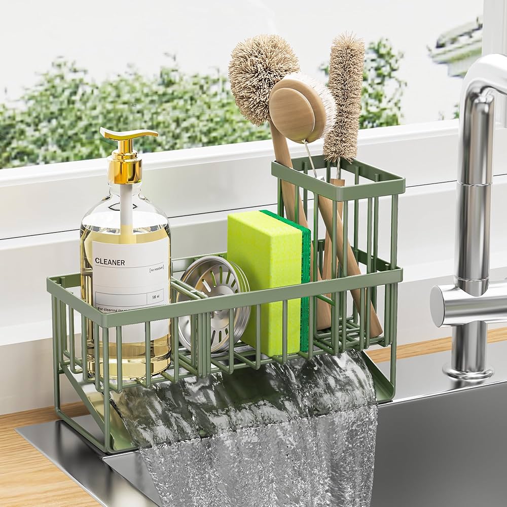 Cisily Kitchen Sink Caddy, Sponge Holder for Kitchen Sink, Kitchen Sink Organzier and Storage with High Brush Holder, 304 Stainless Kitchen Gadgets Sink Accessories, Organizadores de Cocina Sage Green