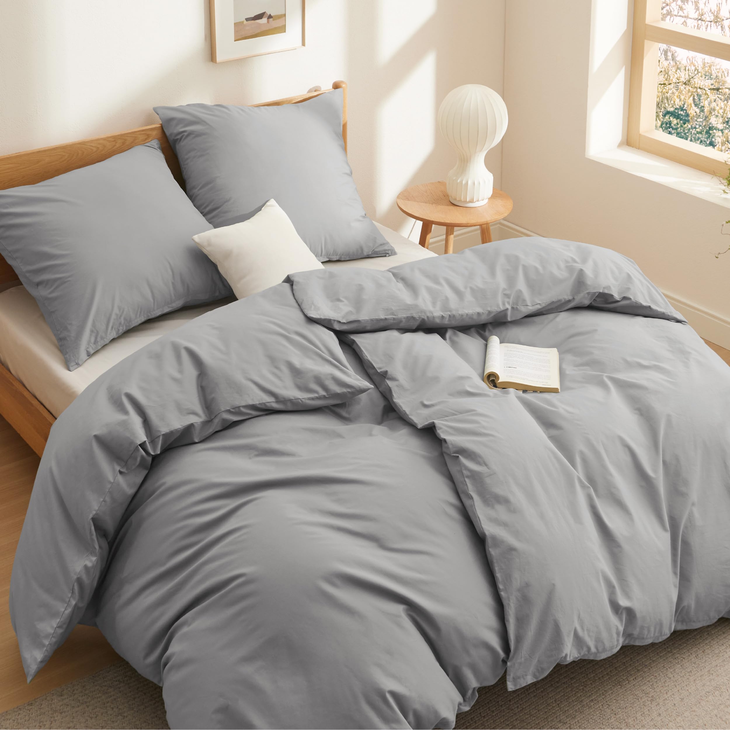 BEDSURE Bettwäsche 135x200 Baumwolle 4teilig - Bettwäsche-Sets Grau Bettbezug 2er Set mit 2 Kissenbezüge 80x80 cm, Oeko-TEX Bedding Hellgrau mit Reißverschluss