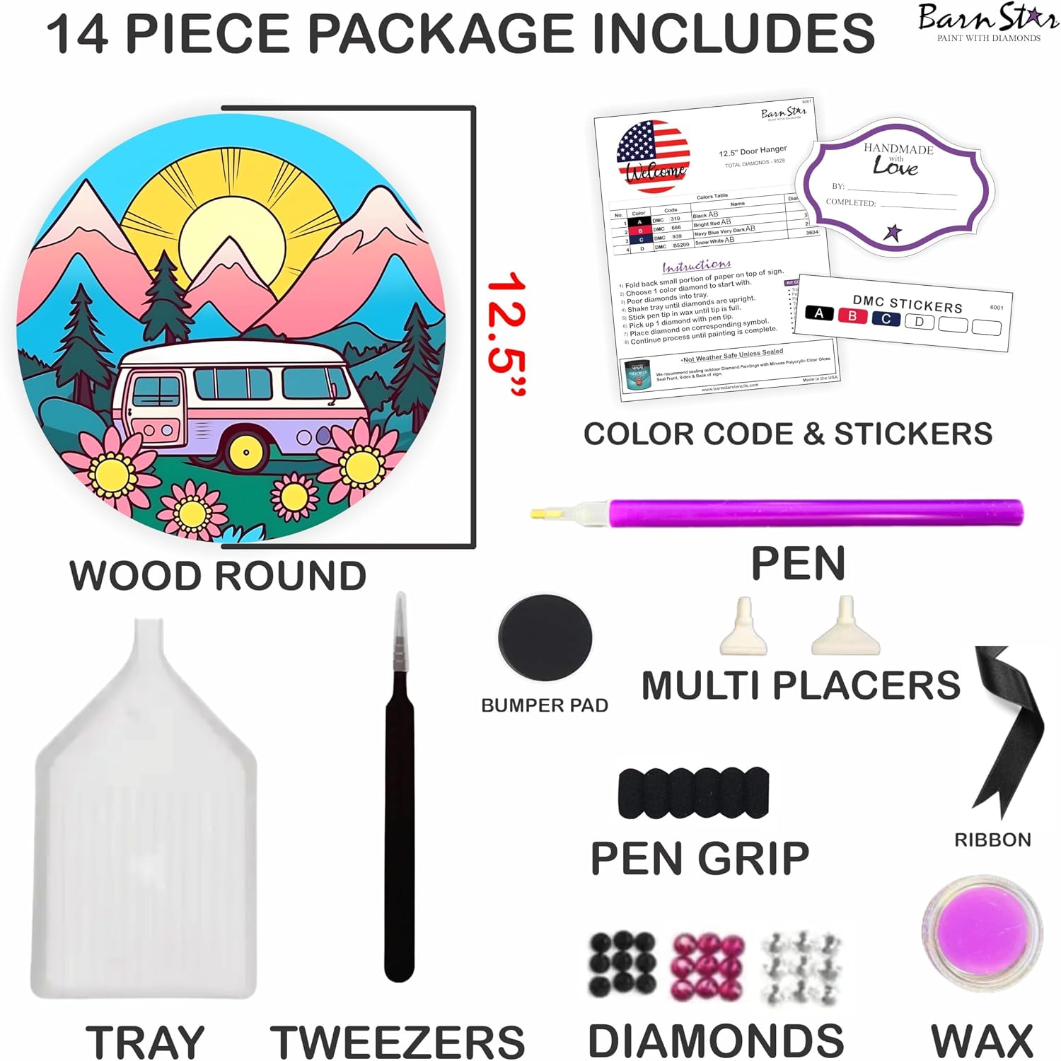 Diamond Painting Kit, 14 PC Set, Welcome Door Hanger, Round Wood Sign, Diamond Art Kit, Perfect For Beginners (RV Camper)