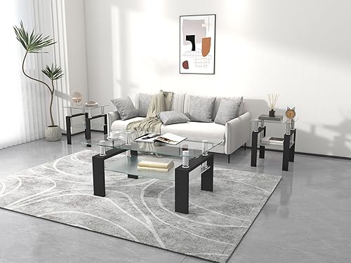 Miniatura 5 de IANIYA Moderno juego de mesa de centro de vidrio templado, juego de mesa de sala de estar de 3 piezas, diseño elegante, alta capacidad (3,