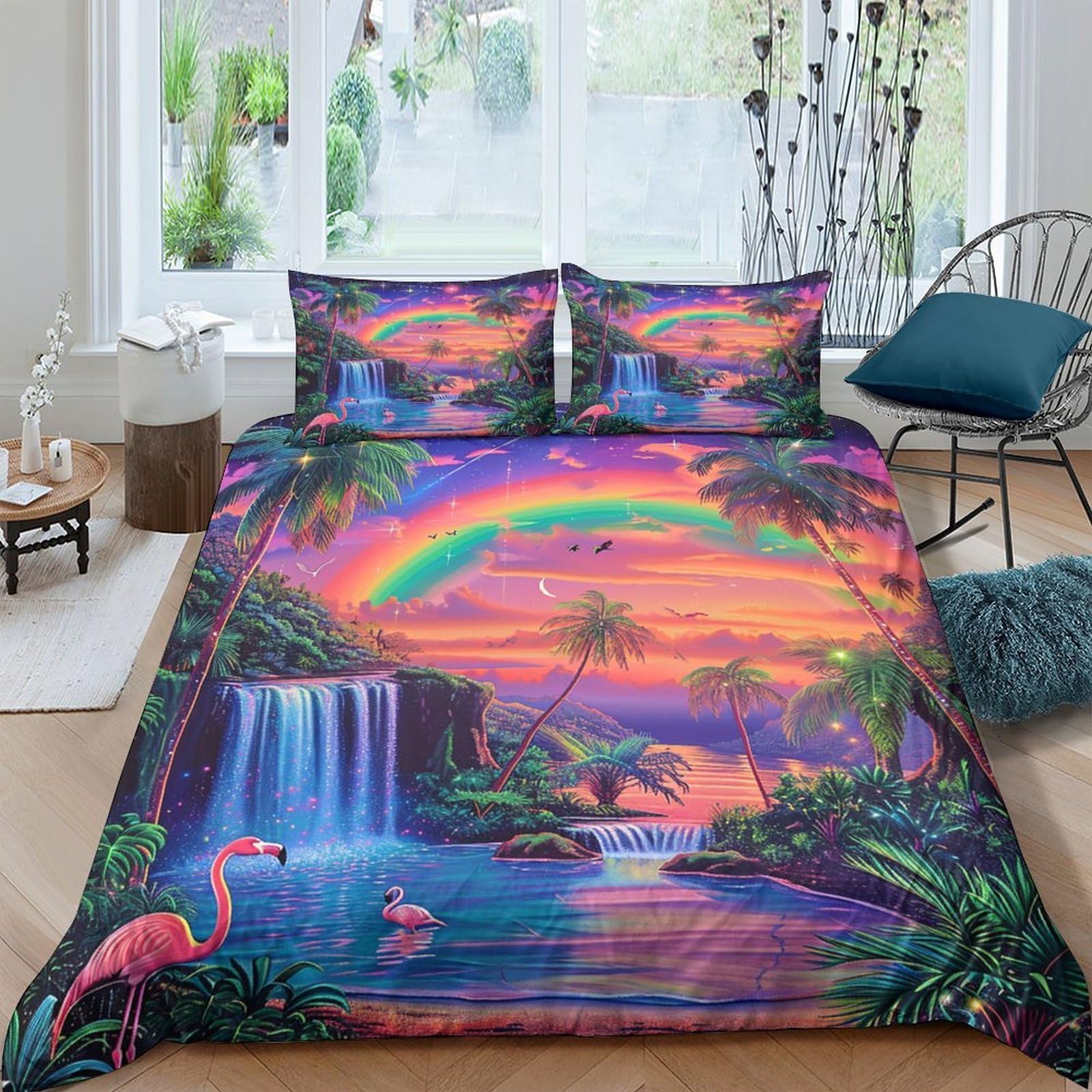 Ctjqhvkz Style-1 3D Printed Tropical Sunset Fitted Sheet Microfiber Rainbow Flamingo Mattress Cover For Bedroom Decor Protection Single（135X200cm）