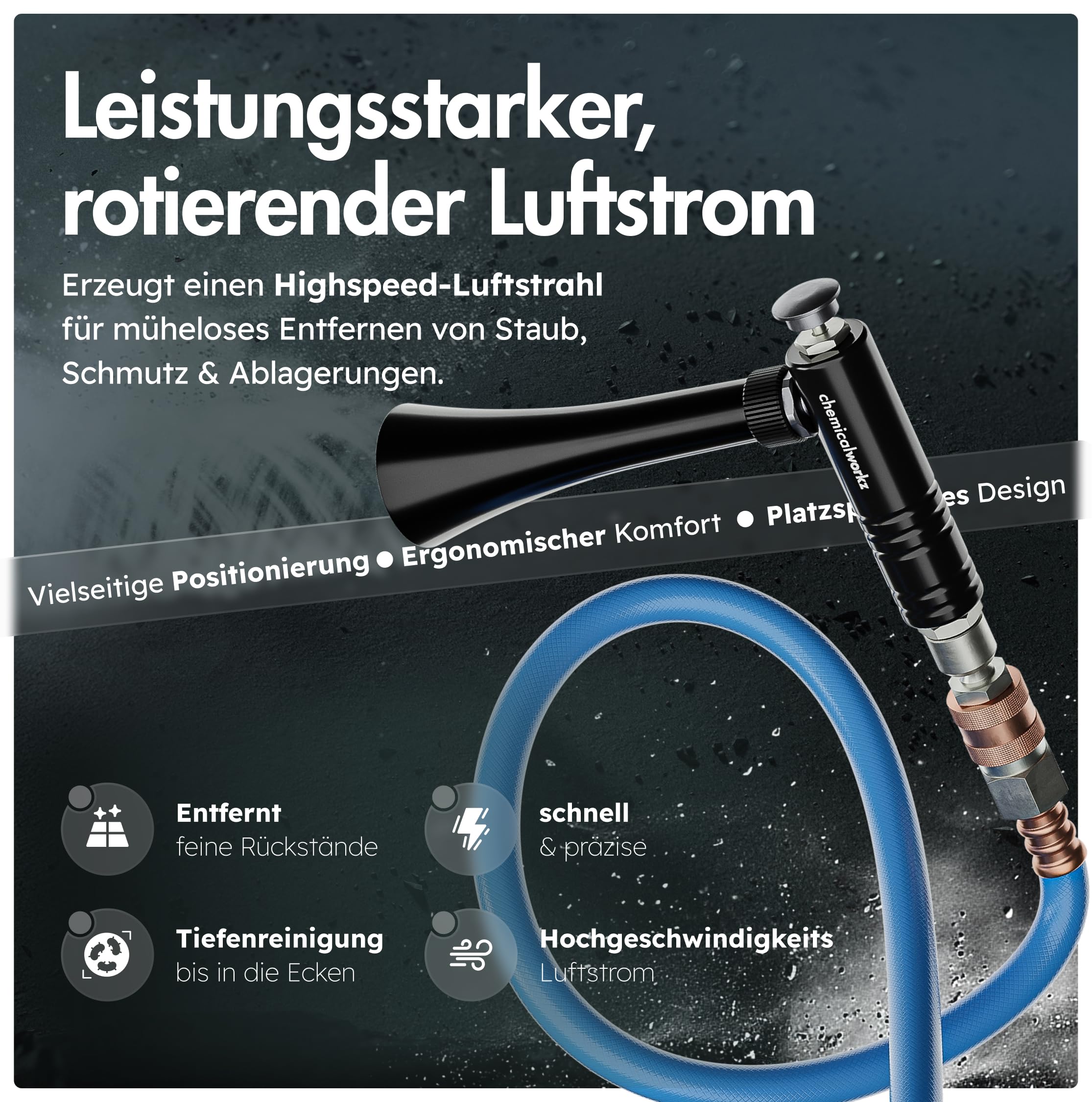 chemicalworkz Mini Air Gun – Kompakte Druckluft-Ausblaspistole für schwer erreichbare Stellen – Präzises Ausblasen von Schmutz & Wasser – Profi-Qualität – 1/4 Zoll Anschluss – Schwarz