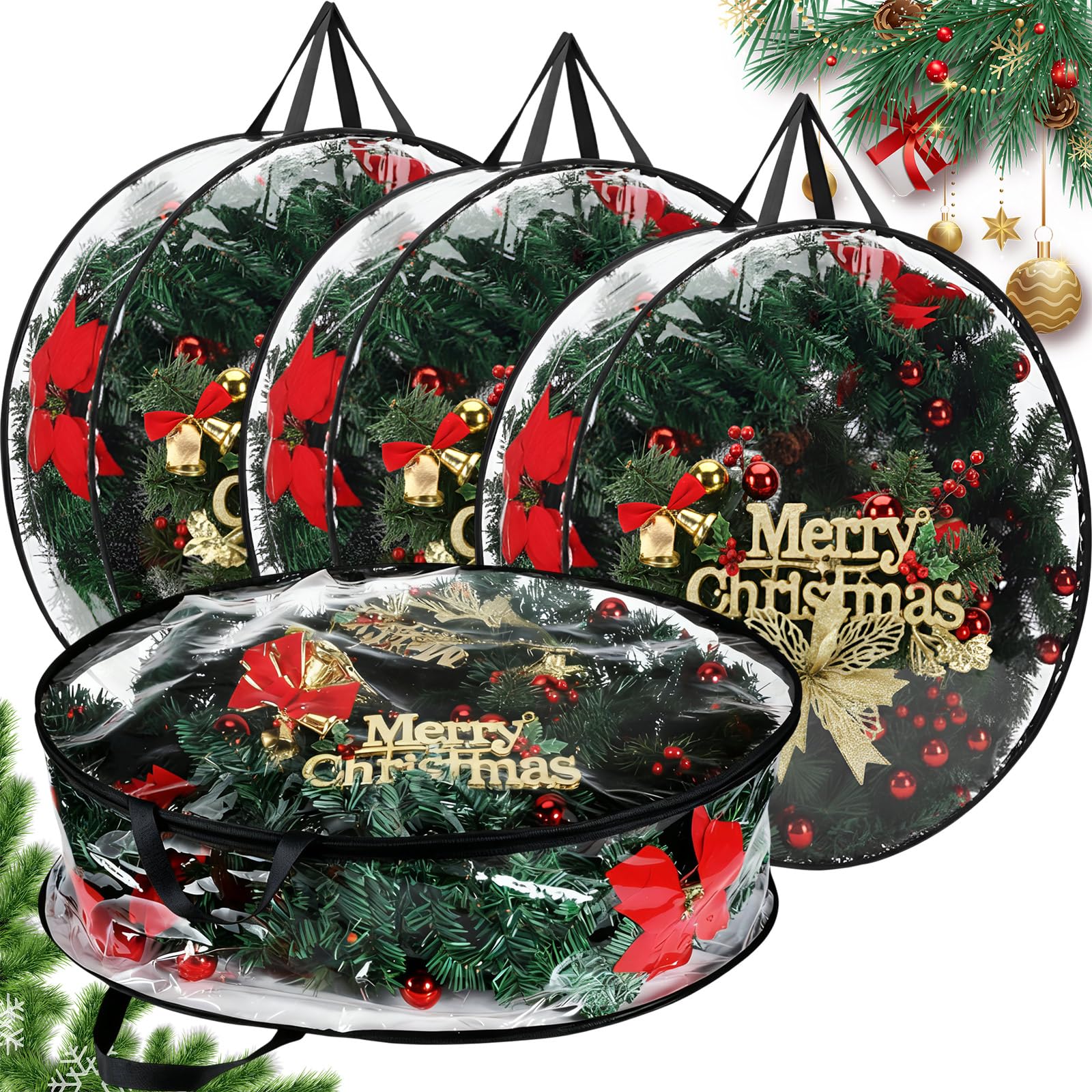Shappy 4 Pcs Black Christmas Wreath Container 24 Inches Xmas Storage Bag
