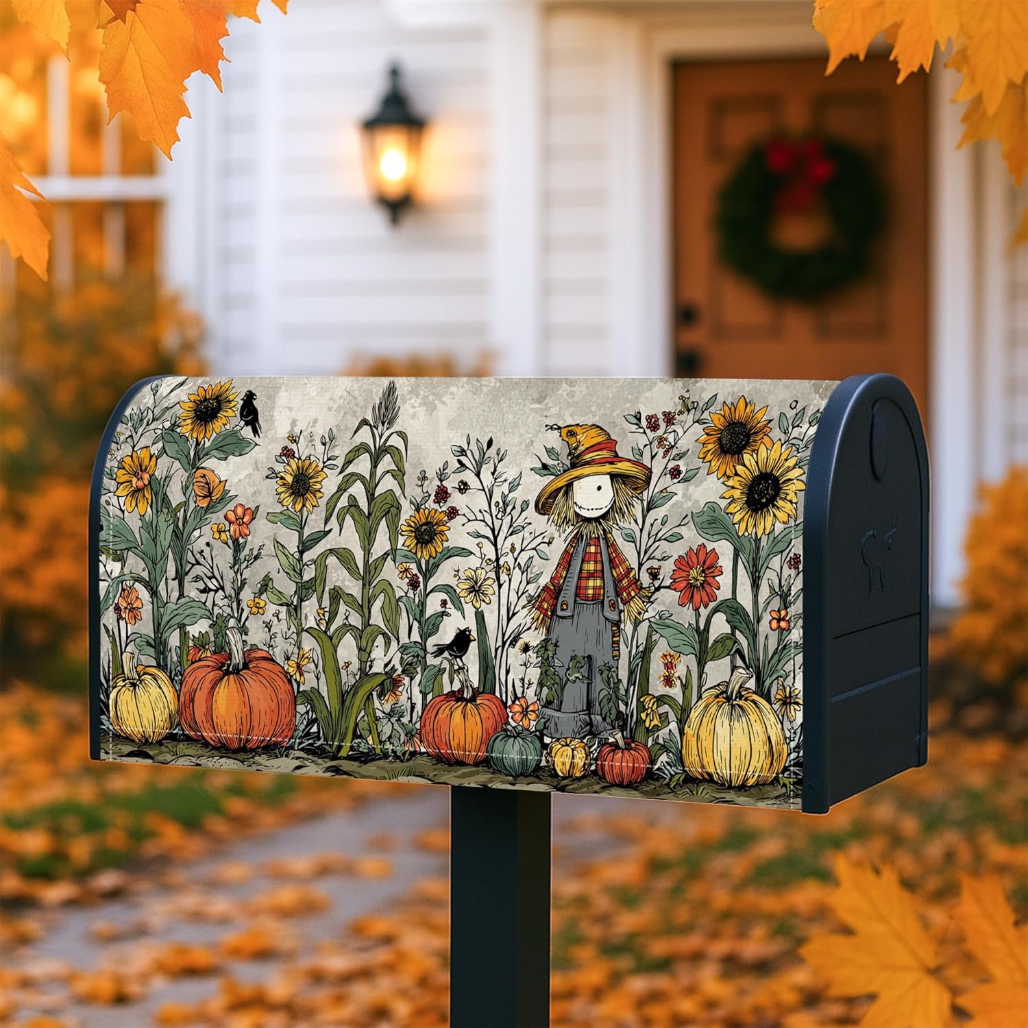 Scarecrow Magnetic Mailbox Covers, Fall Rustic Sunflower Pumpkin Fall Orange Mail Box Cover for Outdoor Garden Decor 18x21 Inch