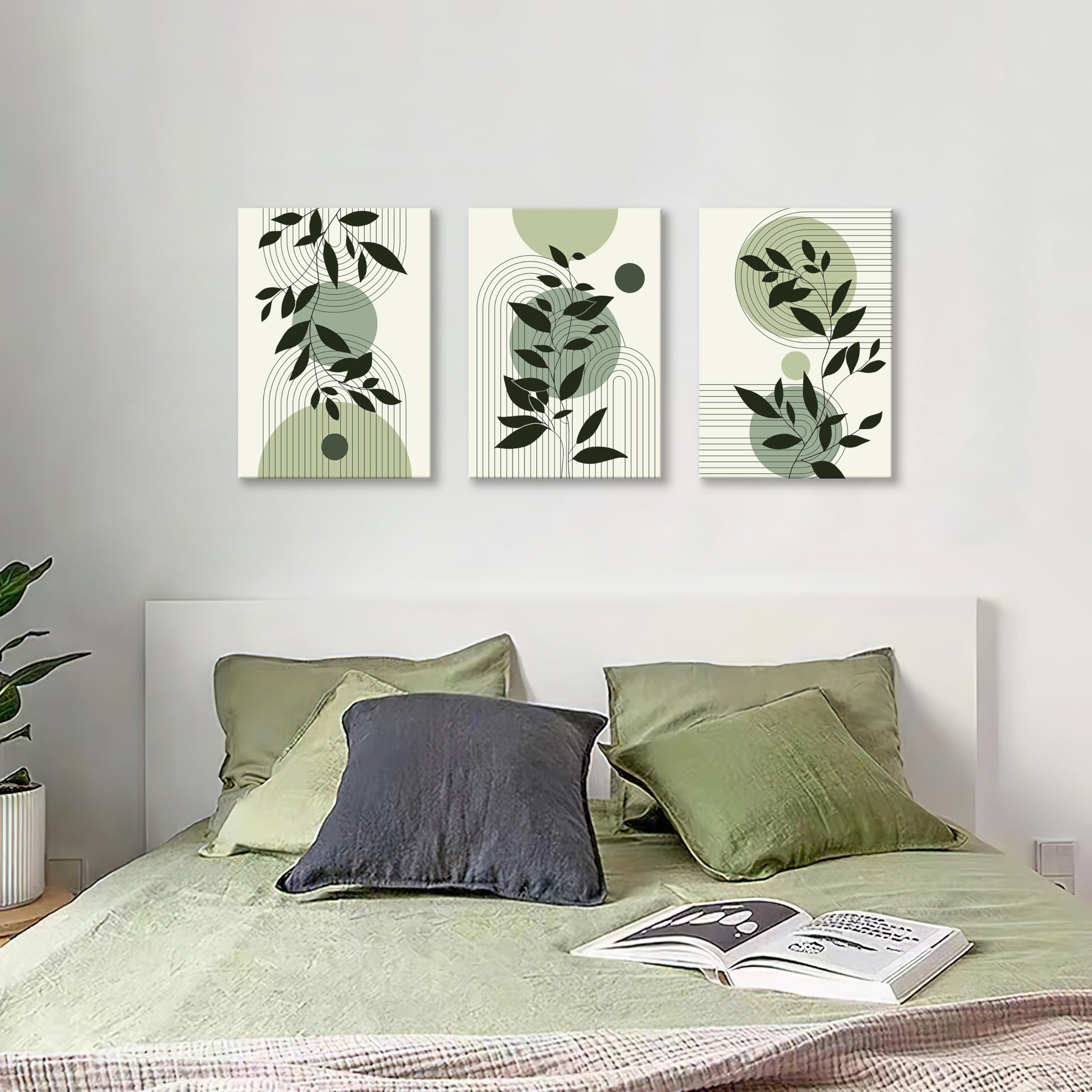 3 Pcs Boho Sage Green Framed Canvas Wall Art - Image 3