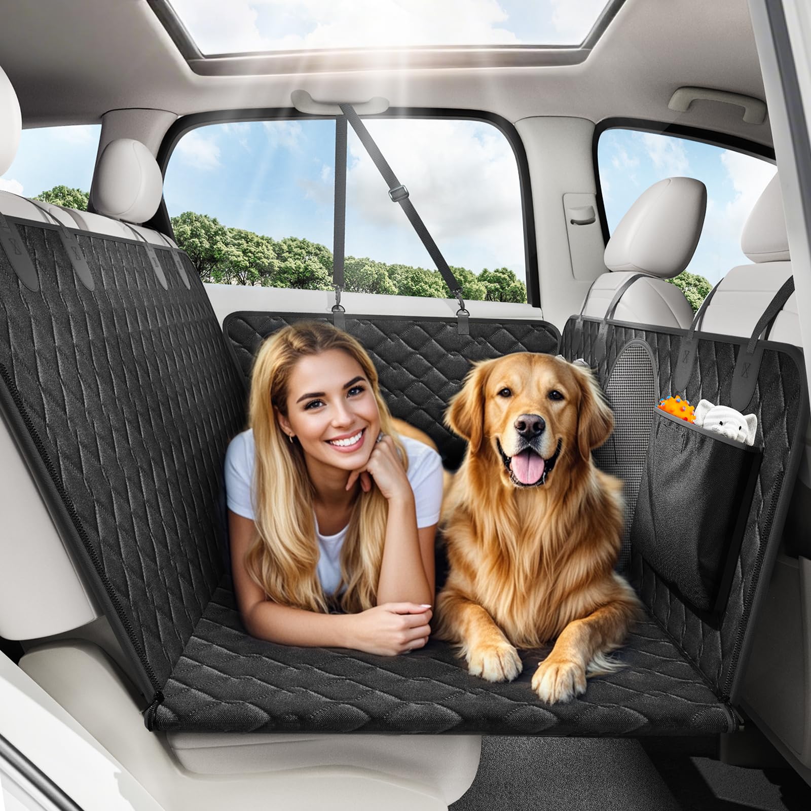 Hundeautositzbezug mit festem Boden, Schwarz | Rücksitzverlängerung mit wasserdichter Abdeckung, Netzfenster, Tasche, Hundehängematte für Auto, kleiner Transporter