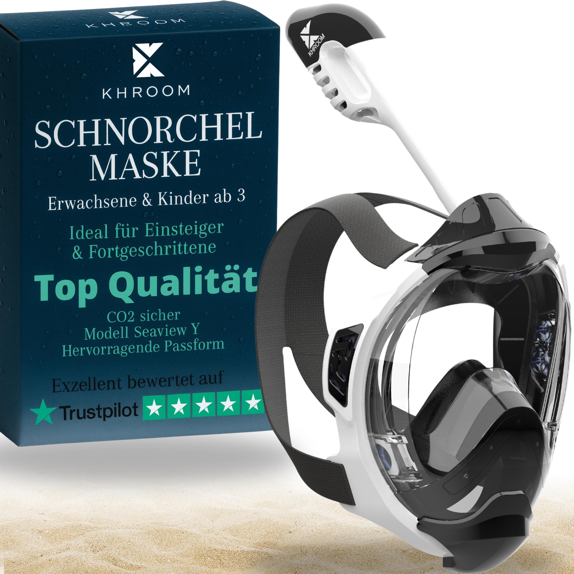 Khroom Schnorchelmaske Erwachsene & Kids ab 3 Jahre | CO2 sicher | Vollgesichtsmaske mit Easy-Breath System | Schnorchelset Alternative | Seaview Y Tauchmaske Schnorchelmaske Kinder