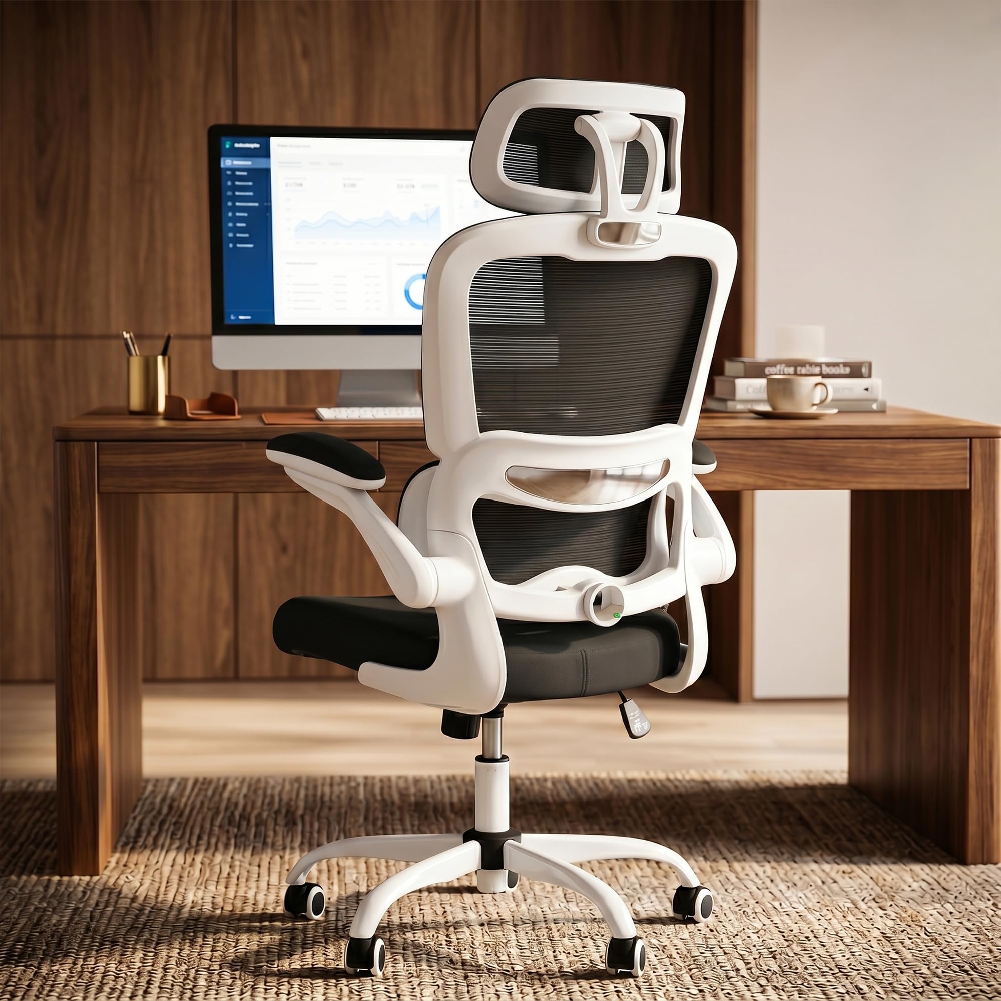 DROGO Premium Ergonomic Office Chair for Work from Home, High Back Computer Chair with Adjustable Seat, Lumbar Support & Headrest, Flip-up Armrest & Recline | Mesh Chair for Office/Home (White-Black)