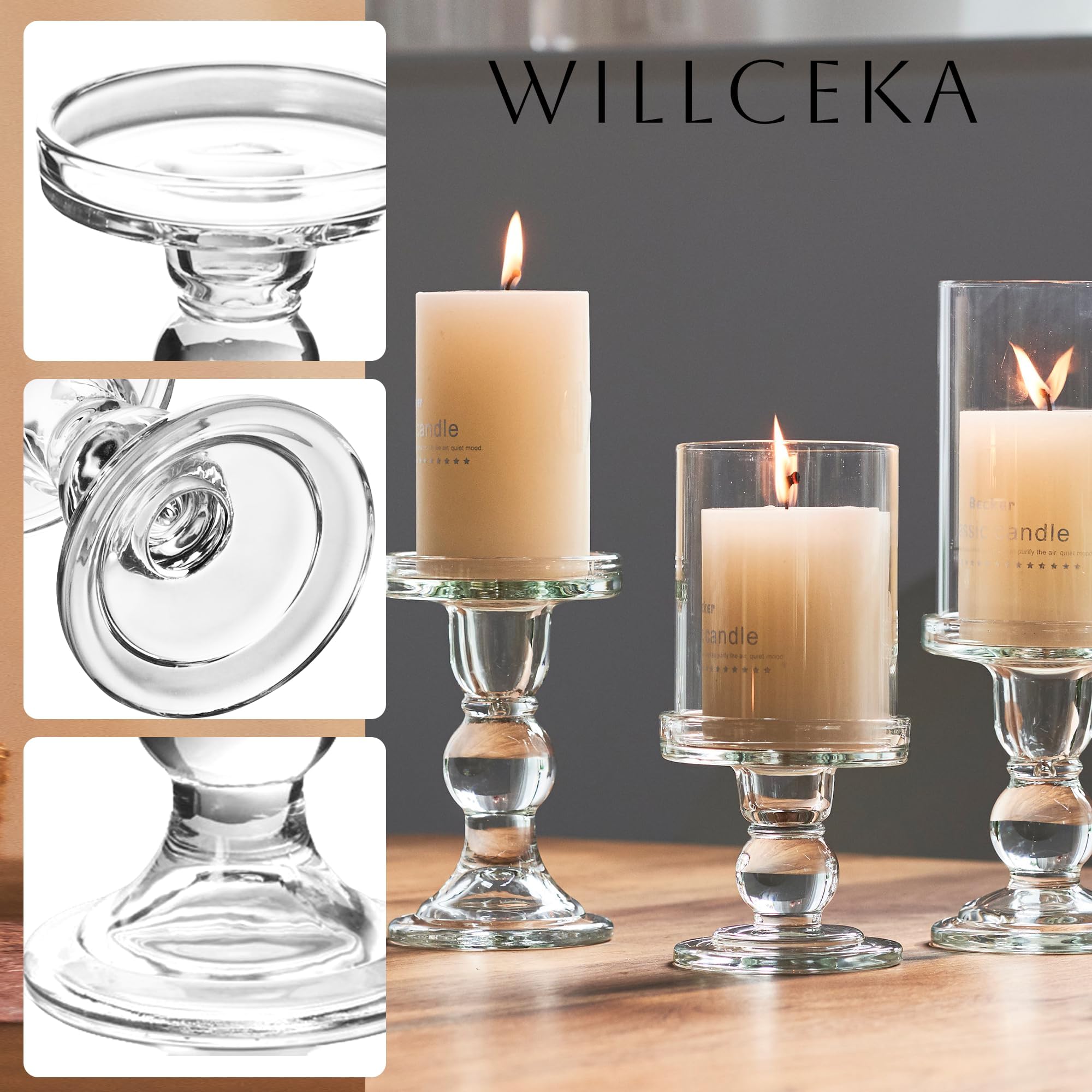 Amazon.co.jp: Willceka クリアキャンドルホルダー3点セット ピラー