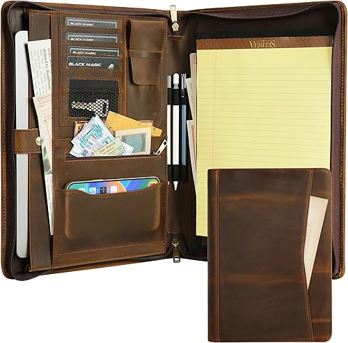 Genuine Leather Portfolio Organizer with Zipper for Men WomenPadfolio with Ipad Pencil Holder, Crazy Horse Leather Case Folio for A4 Notepad,