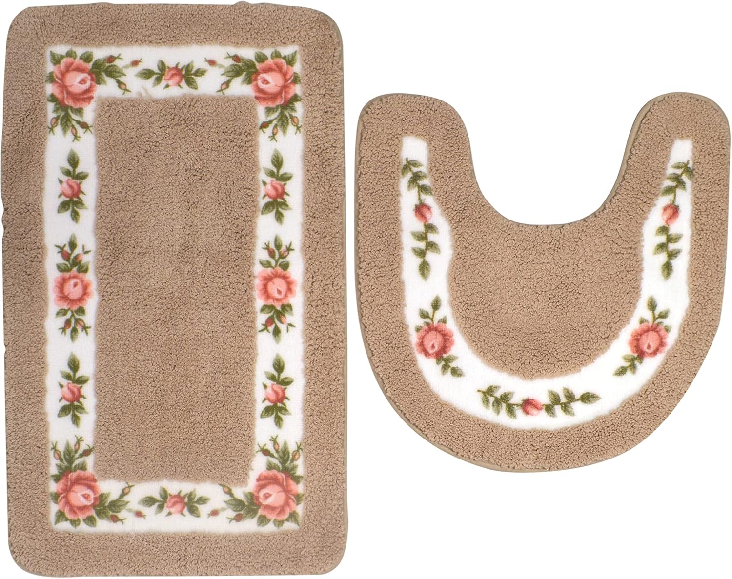 ABREEZE Floral Rose Bathroom Rugs Set 2 Piece,Microfiber Bath Shower Mat and U-Shaped Toilet Rug Non-Skid Absorbent Shaggy Toilet Floor Rug,Mocha