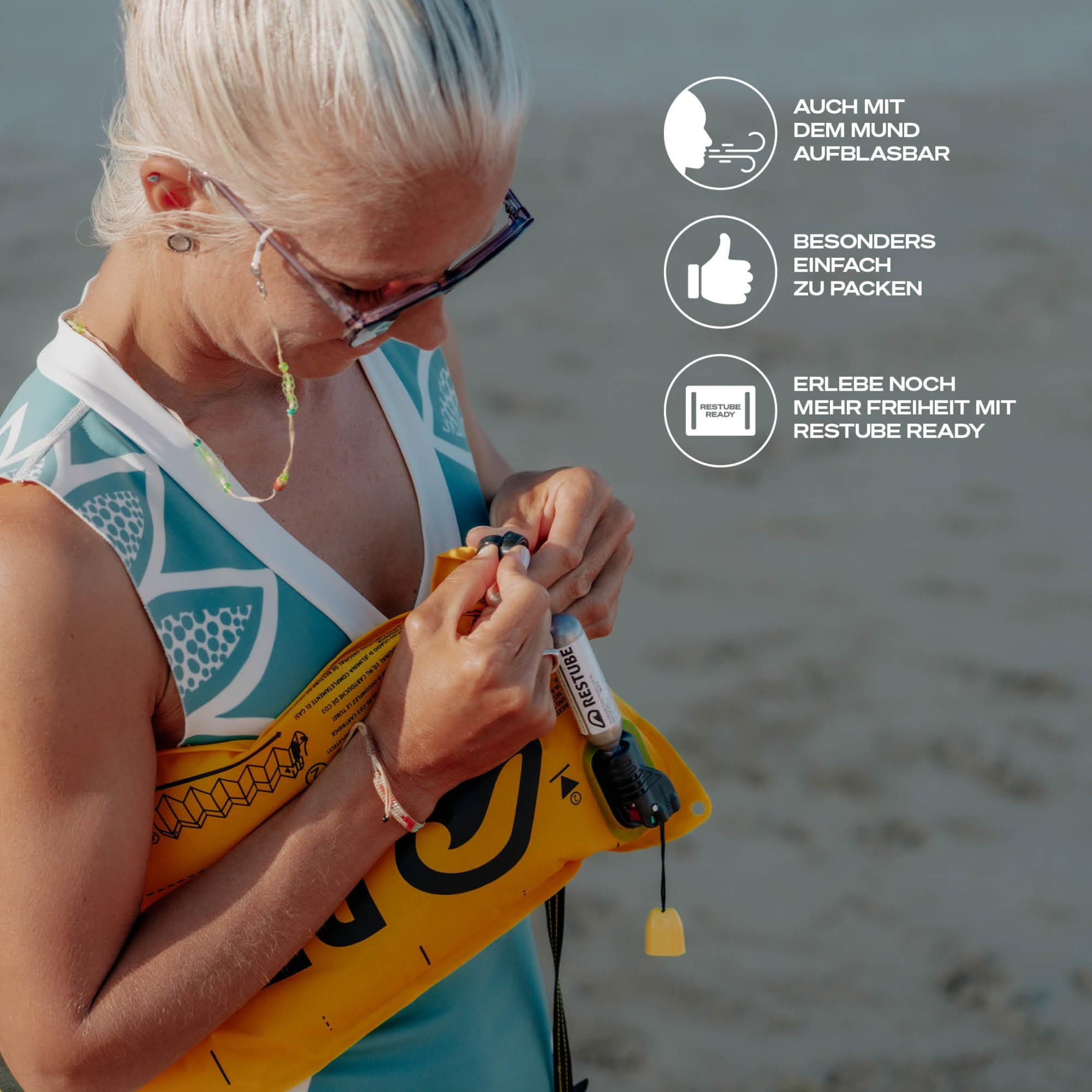 RESTUBE Beach – Aufblasbare Boje mit Notfallpfeife – Für sicheres Schwimmen mit Familie & Kindern – Ultraleicht & kompakt – Ideal für Strand, Urlaub, Freiwasser – Unisex Sicherheitsboje