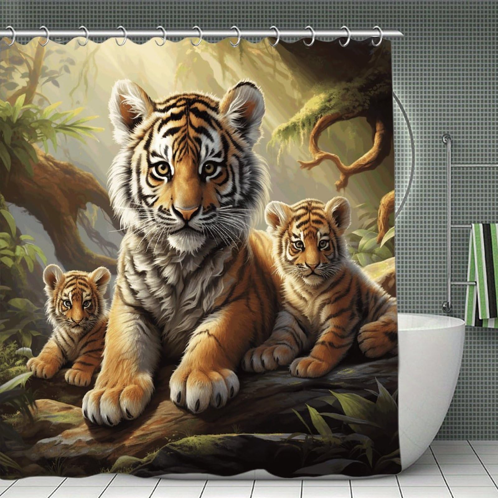 VstaDank Jungle Tigers Cub Bath Curtain Elegant Heavy Duty Shower Curtains 70x70 in Rustic Farmhouse Cloth Shower Curtains Neutral Modern Bath Curtain for Bathroom