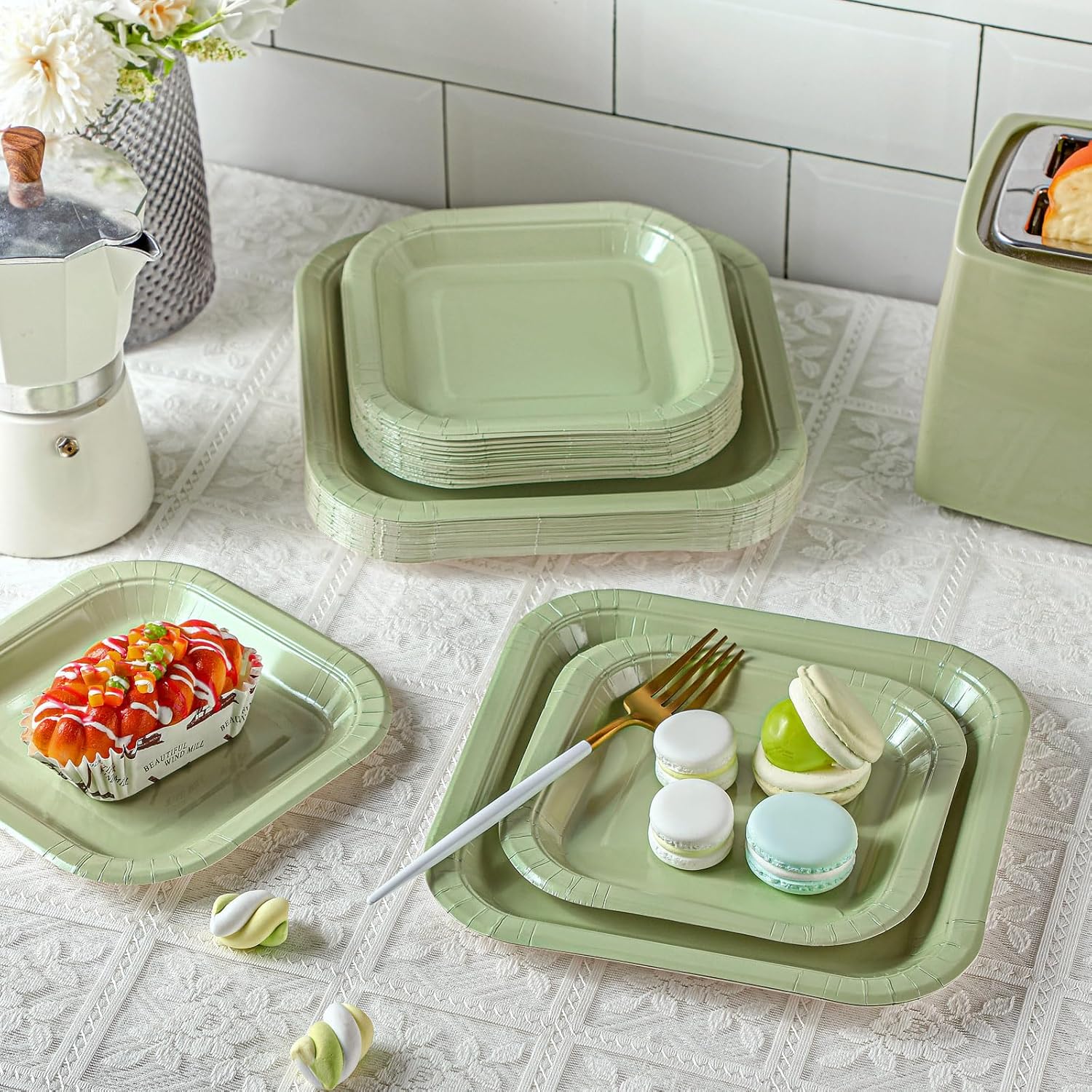 Umigy 160 Pcs Sage Green Paper Plates Sage Green Disposable Square Plates for Party Dessert